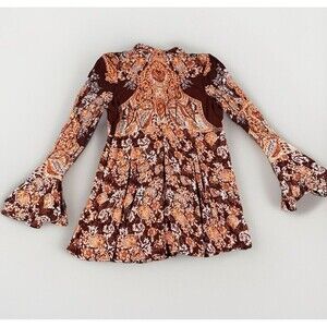 Free People XS Bell Sleeve Mock Neck Tunic Dress Burgundy Tie Paisley Boho 70s